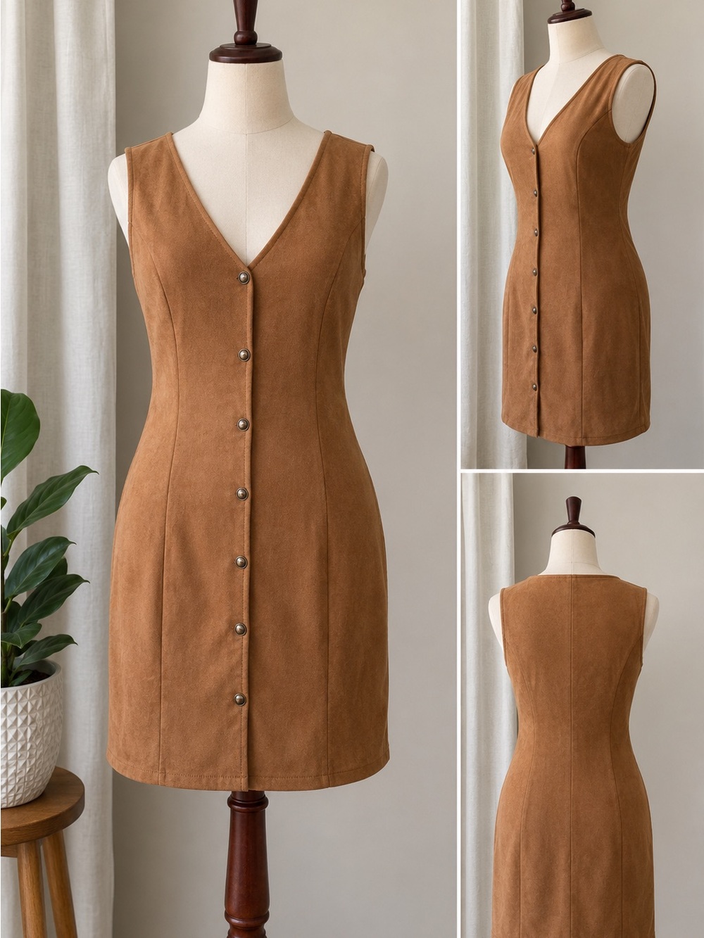Button-Front Faux Suede Mini Dress in Camel